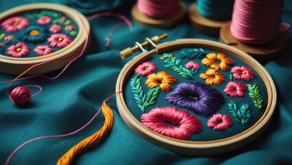 Aufkleber - Colorful embroidery set featuring floral designs in hoops with vibrant threads on teal fabric background, selective focus on details.