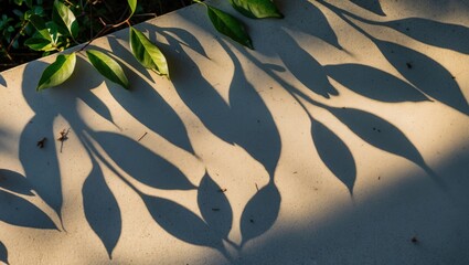 Aufkleber - Leaves Casting Intricate Shadows on a Light Surface in Sunlight Creating a Calming Natural Atmosphere