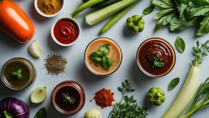 Aufkleber - Colorful Assortment of Sauces with Fresh Vegetables and Herbs on Gray Background Culinary Top View Gourmet Cooking Ingredients