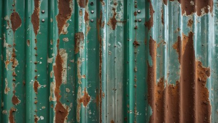 Poster - Rusty galvanized metal background with green corrugated sheets showcasing weathering and texture for industrial or rustic design themes.