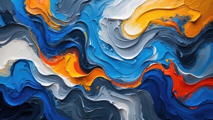 Poster - Dynamic abstract painting texture featuring vibrant blue gray and orange hues with swirling patterns creating a colorful artistic backdrop.