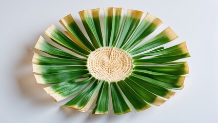 Poster - Pandanus wafer artistic display with vibrant green leaf patterns on a clean white background for culinary and decorative use.