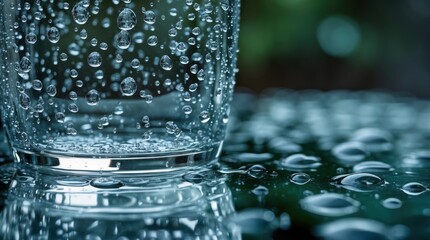 Poster - Raindrops on Transparent Glass with Reflective Surface and Soft Green Background