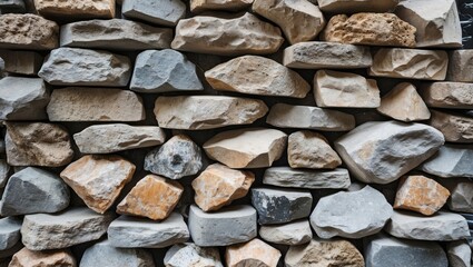 Poster - Textured wall featuring an arrangement of natural stones in various shapes and sizes for architectural and decorative purposes.