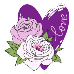 Aufkleber - Decorative English garden vintage pink and white rose with purple heart shape and love text. Female summer print, t-shirt design. Hand drawn beautiful flowers. Vector stock illustration.