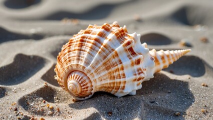 Poster - Beautiful Sea Shell on Sandy Beach with Soft Textures and Natural Patterns in Sunlight