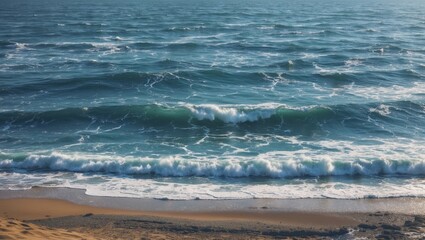 Wall Mural - Serene summer afternoon waves gently lapping the shore with vibrant blue ocean under a clear sky and golden sandy beach.