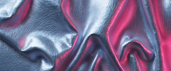 Aufkleber - Metallic silver and pink leather texture with crumpled folds glowing in light for fashion or design backgrounds.