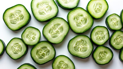 Aufkleber - Fresh cucumber slices arranged on a white background showcasing their vibrant color and intricate textures in a flat lay composition.