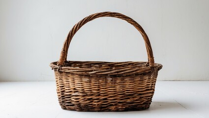 Poster - Vintage Wicker Basket with Handle Isolated on White Background Perfect for Decorative or Storage Use with Space for Text and Design