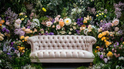a vintage sofa with soft, velvety fabric and elegant wooden legs sits in front of an array of colorf