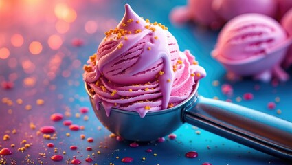 Aufkleber - Delicious pink ice cream in silver scoop with colorful sprinkles and vibrant background, perfect for dessert promotions or recipe designs
