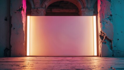 Poster - Studio backdrop with vintage light paper card blank highlighted in ambient colors, ideal for creative design and photography projects.