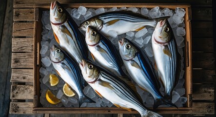 Aufkleber - Freshly Caught Marine Fish Displayed in a Wooden Crate with Ice and Lemon Slices on an Old Wooden Table from Above