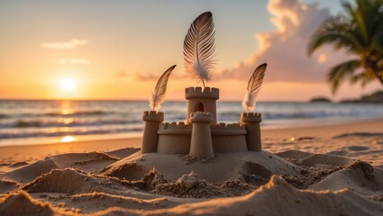 Aufkleber - Serene Sunset Beach with Feathered Sandcastle Golden Hues Emphasizing Nature's Artistry Tranquil Scene with Space for Text