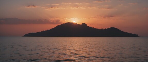 Aufkleber - Silhouette of a tranquil island at sunset with serene ocean reflections and ample space for customizable text or captions