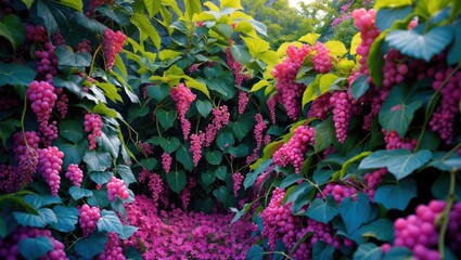 Poster - Vibrant Virginia creeper showcasing luscious pink berries and lush green foliage in a natural garden setting.