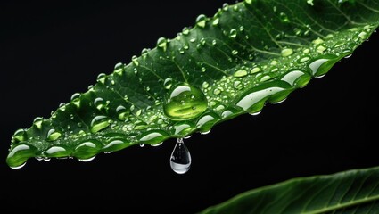 Poster - Close-Up Of Water Droplets On A Fresh Green Leaf Isolated Against A Black Background