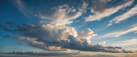 Aufkleber - Dramatic sky with fluffy clouds illuminated by soft sunlight creating a serene and tranquil atmosphere for landscape photography.