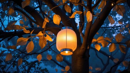 Poster - Illuminated tree leaves with warm lantern glow creating a serene nighttime ambiance in a tranquil outdoor setting.