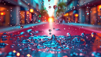 Poster - Close-up of vibrant water droplets splashing on glass surface with colorful urban backdrop and illuminated reflections during golden hour.