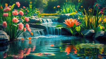 Poster - Tranquil Waterfall Cascading Into a Serene Pond Surrounded by Vibrant Flowers and Lush Greenery