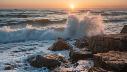 Poster - Sunset Over Ocean Waves Crashing On Rocky Shoreline Creating A Serene Coastal Scene With Vibrant Colors And Dynamic Water Movement