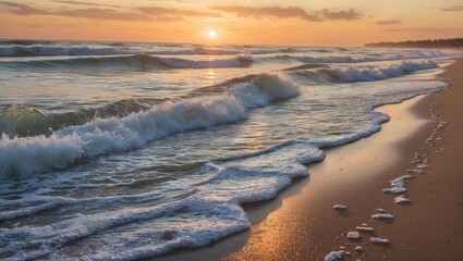 Poster - Gentle ocean waves lapping at a sandy beach during a serene sunset with warm hues reflecting on the water surface