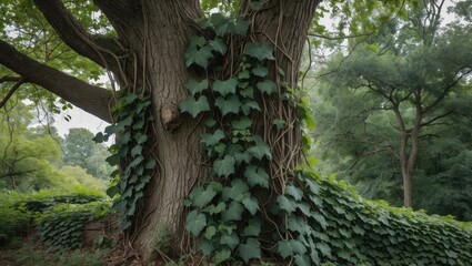Poster - Lush Green Vines Ascending a Majestic Tree with Abundant Blank Space for Your Custom Text or Branding