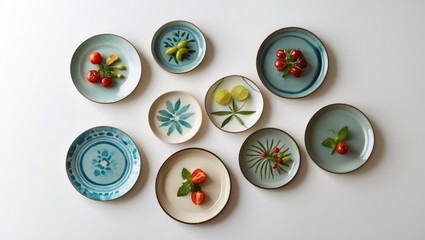 Poster - Colorful decorative plates arranged on a white background featuring fresh ingredients for culinary presentation and creative food styling.