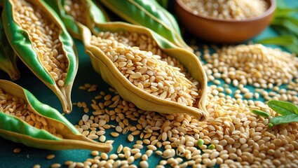 Poster - Sesame pods showcasing grains in a rustic setting with scattered seeds and a bowl, highlighting natural agricultural beauty and health benefits.