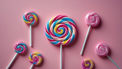 Poster - Colorful lollipops arranged on a pink pastel background showcasing playful candy design with ample copy space for creative use.