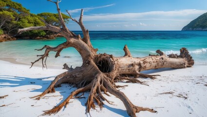 Wall Mural - Exotic coastal landscape featuring an uprooted dead tree against a backdrop of white sandy beach and crystal blue sea.