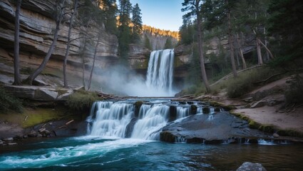 Poster - Majestic waterfall cascading into serene turquoise waters surrounded by lush greenery in a tranquil national park setting.