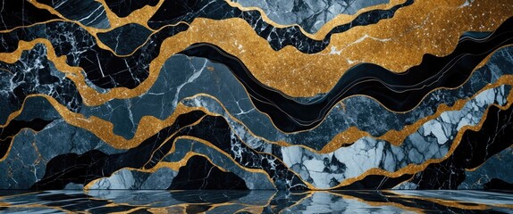 Poster - Luxurious Black and Gold Wavy Marble Texture for Elegant Interior Design and Decor Background