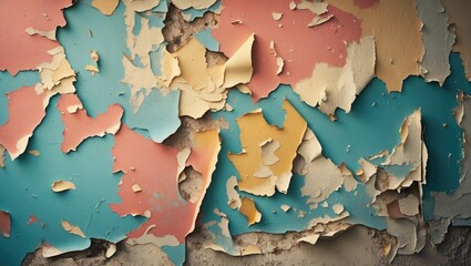 Poster - Colorful peeling paint texture on an old wall creating a vintage weathered background ideal for design and artistic projects.