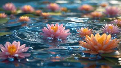 Poster - Serene water surface adorned with pink and orange water lilies creating a tranquil natural scene with ripples and reflections.
