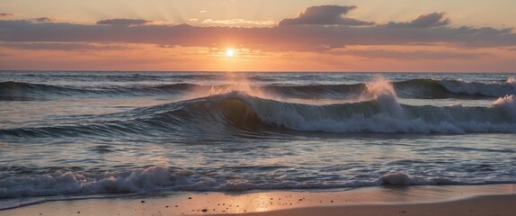 Poster - Serene Ocean Waves Gently Rolling On Sandy Beach At Sunset With Warm Sky Colors And Space For Text Overlay