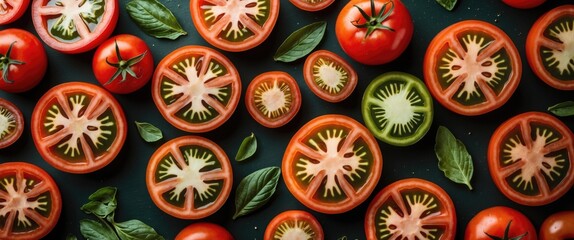 Aufkleber - Vibrant assortment of sliced tomatoes with basil leaves on dark background showcasing fresh produce for culinary and food content.