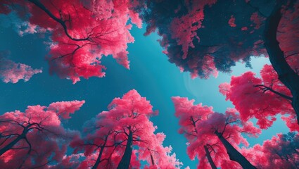 Aufkleber - Majestic view of vibrant pink trees against a blue sky with open space for text or design elements. Perfect for artistic projects.
