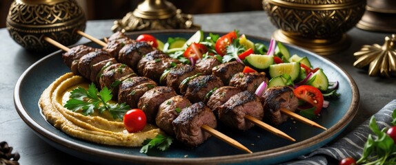 Poster - Grilled Shish Kebab Skewers Served with Fresh Vegetable Salad and Creamy Hummus on a Stylish Table Setting