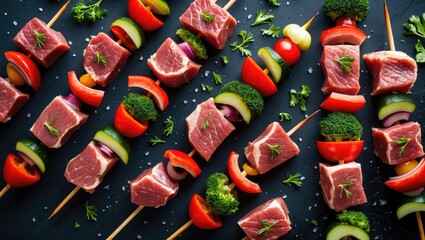 Poster - Fresh Skewers with Colorful Raw Meat and Vegetables Ready for Grilling on a Dark Background. Culinary Preparation Concept.