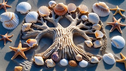 Aufkleber - Seashells and Starfish Arranged as a Artistic Tree Design on Sandy Beach for Summertime Vacation Theme