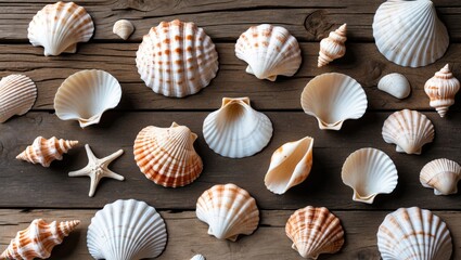 Aufkleber - Seashells and starfish arrangement on rustic wooden background creating a summer-themed natural decor and wallpaper concept.
