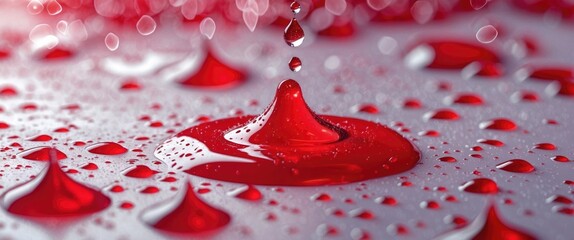 Poster - Water droplet on waterproof fabric with a vibrant red background showcasing reflections and copy space for creative applications.