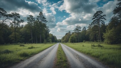 Poster - Scenic Dirt Road Through Lush Green Forest Under Blue Sky With Clouds