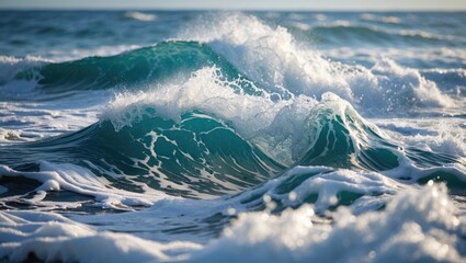 Poster - Dynamic ocean waves in close-up showcasing vibrant turquoise hues and frothy white foam under natural daylight.