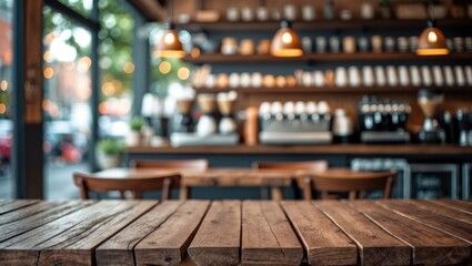 Aufkleber - Empty wooden table foreground with a blurred coffee shop backdrop featuring bokeh lights ideal for photomontage or product display.