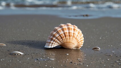Aufkleber - Seashell on Sandy Beach With Water Reflection and Copy Space for Text Ideal for Nature and Summer Themes
