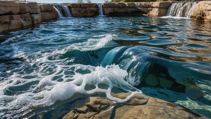 Poster - Gentle water waves creating serene patterns in a natural pool surrounded by rocky formations and gentle waterfalls.